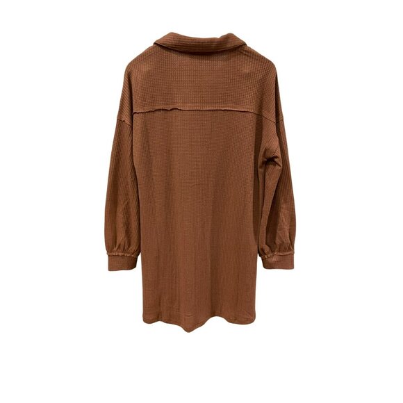 New L&B Womens Waffle Knit Brown Long Sleeve Button Down Shirt Dress Size Large - Picture 4 of 9